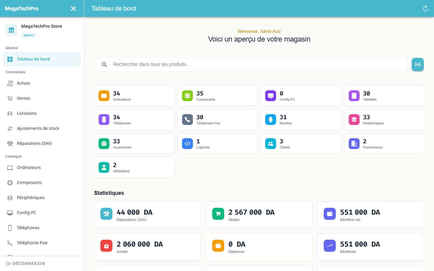 Écran MagtechPro sur ordinateur — Tableau de bord