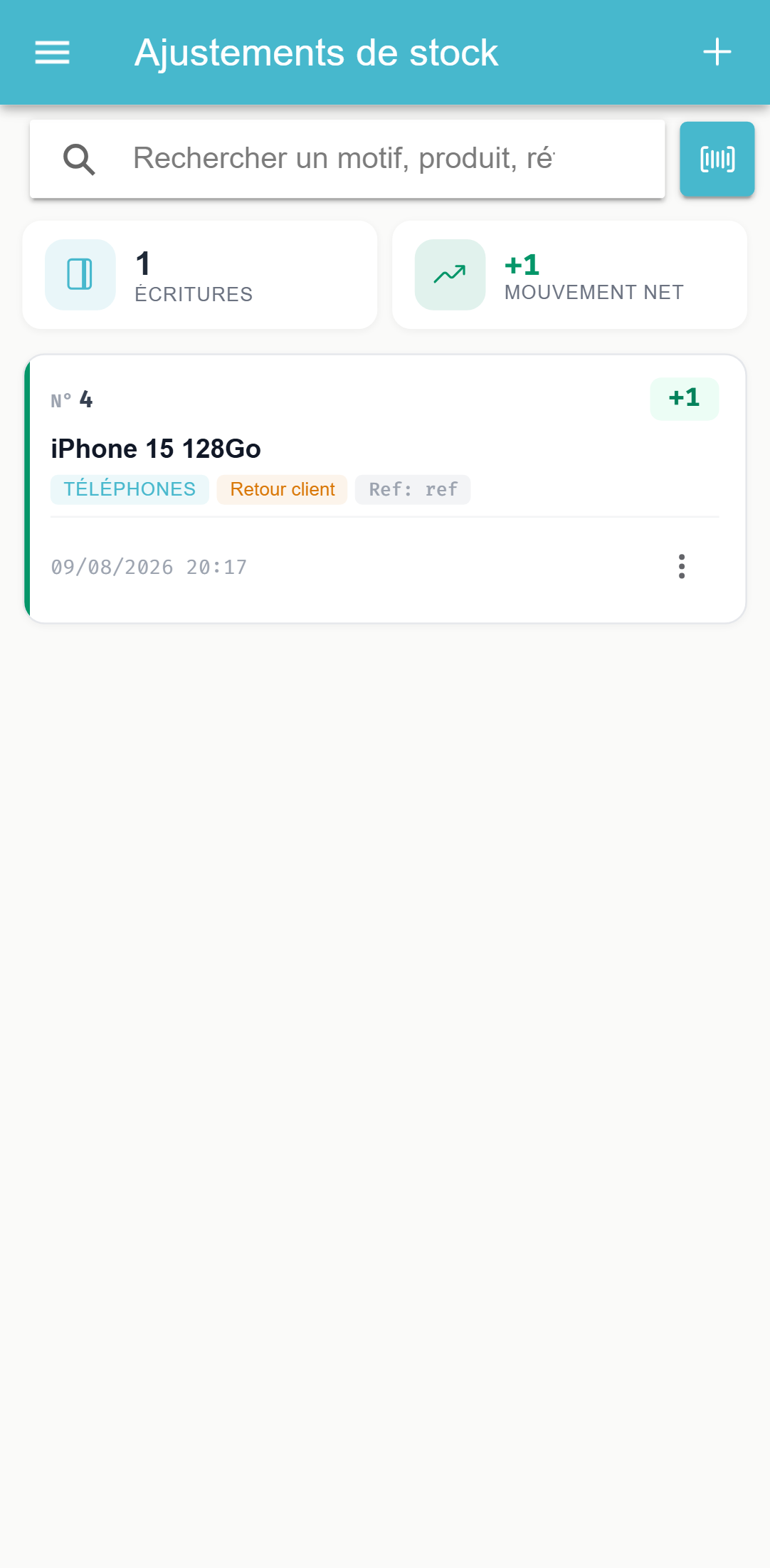 Écran MagtechPro sur téléphone — Ajustements de stock